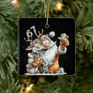 Rolig Santa Rudolf Selfie Sex Sju Jul  Julgransprydnad Keramik