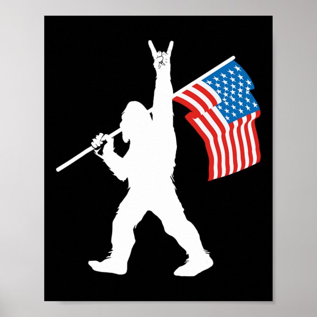 Rolig Sasquatch Rock And Roll Amerikansk Flagga Fö Poster (Framsidan)