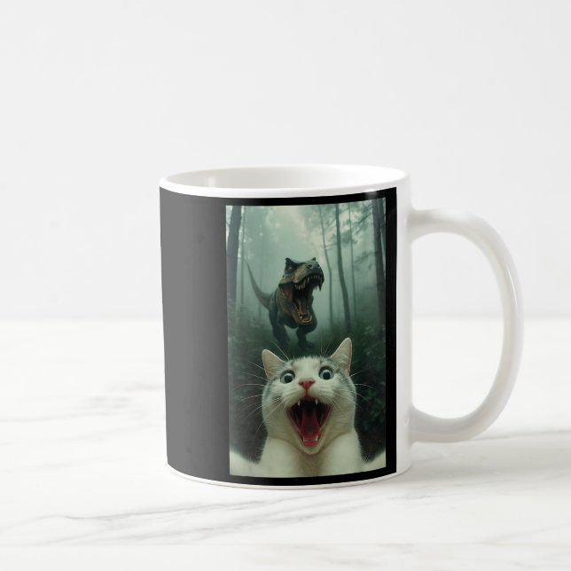 Rolig selfie på vit katt med T-rex dinosaur, katt  Kaffemugg (Höger)