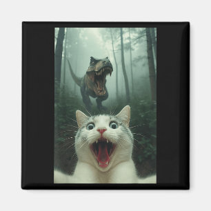 Rolig selfie på vit katt med T-rex dinosaur, katt  Magnet