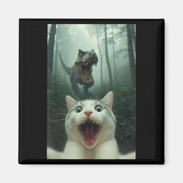 Rolig selfie på vit katt med T-rex dinosaur, katt  Magnet (Framsidan)