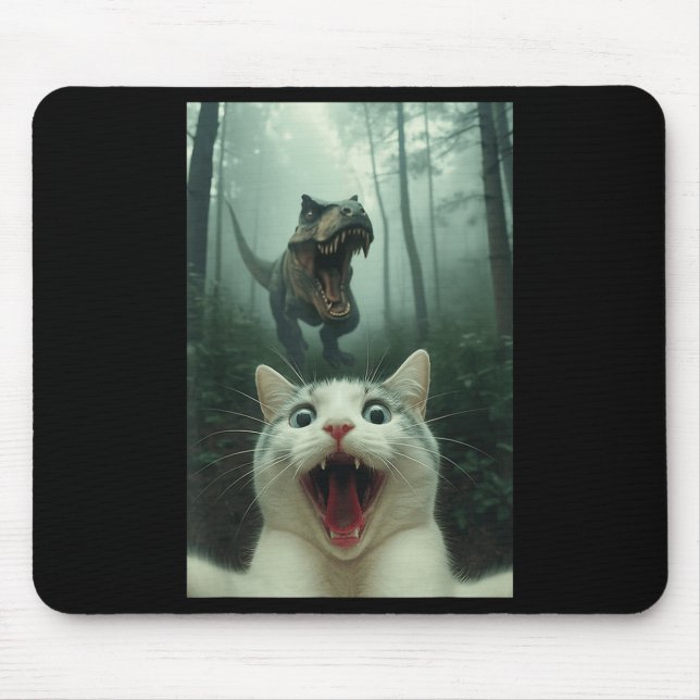 Rolig selfie på vit katt med T-rex dinosaur, katt  Musmatta (Framsidan)
