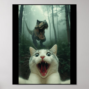 Rolig selfie på vit katt med T-rex dinosaur, katt Poster