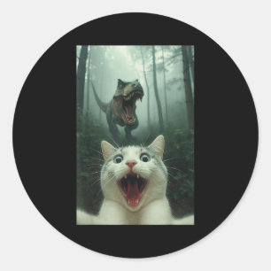Rolig selfie på vit katt med T-rex dinosaur, katt  Runt Klistermärke