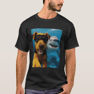 Rolig selfiefoto på walesisk terrierhund med haj f t shirt