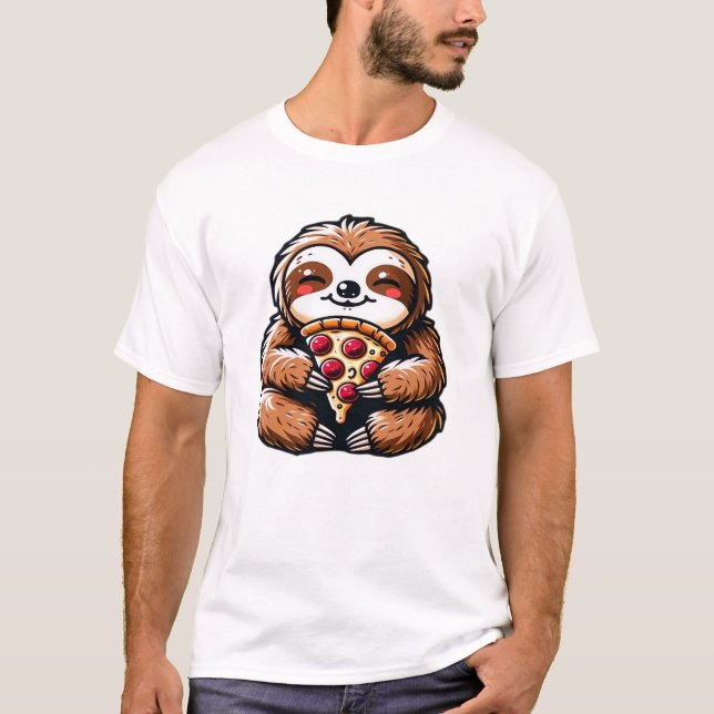 Rolig sengångare som äter Pizza, Kawaii Djurälskar T Shirt (Framsida)