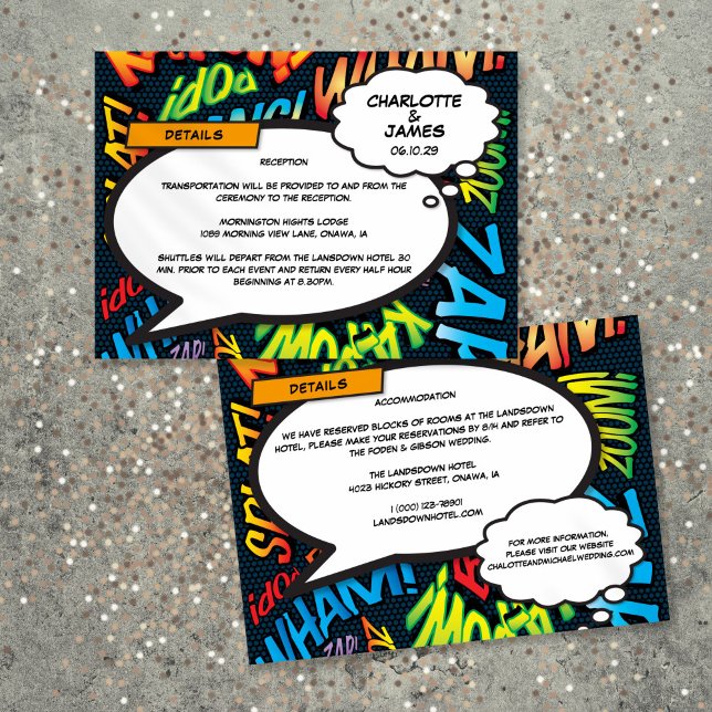 Rolig seriebokshustru Detaljerad Information Tilläggskort (Fun Comic Book Wedding Details Information Enclosure Card)