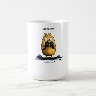Rolig seriefigur för fågelskådare med ironisk humo kaffemugg