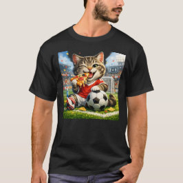 Rolig seriefigur med katt som äter pizza på fotbol t shirt