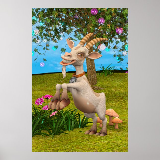 Rolig serieget tecknad get trädgård djur konst poster (Framsidan)