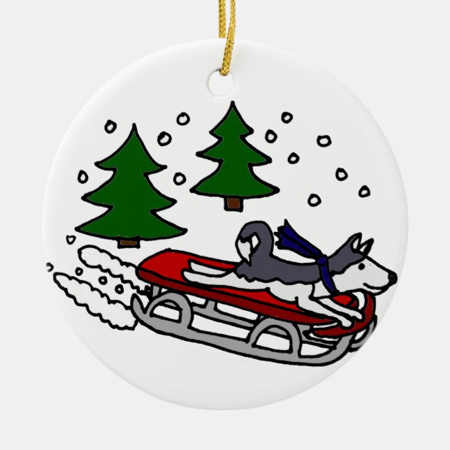 Rolig siberian huskyhundridning på sleden julgransprydnad keramik (Framsidan)