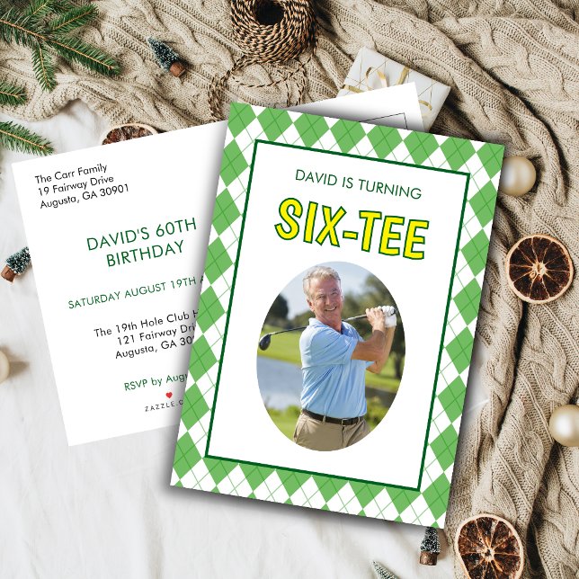 Rolig Six-tee Golf 60-årsdag  Inbjudan Vykort (Six-tee 60th birthday photo golf invitation postcard)