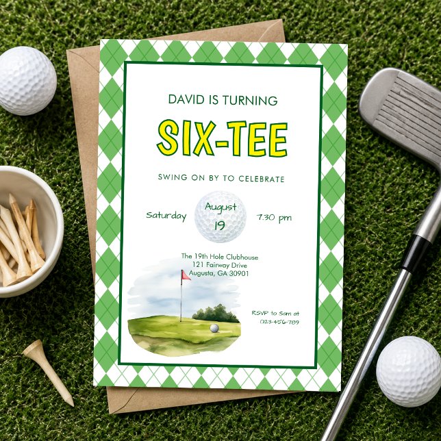 Rolig Six-tee Golf 60-årsdag  Inbjudningar (Six-tee funny golf 60th birthday invitation)