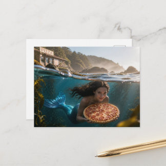 Rolig Sjöjungfru Med en Pizza Vykort