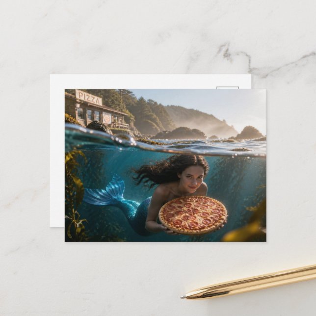 Rolig Sjöjungfru Med en Pizza Vykort (Fram/Back In Situ)