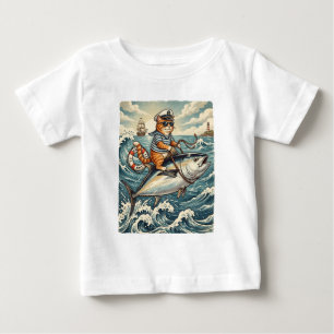 Rolig Sjöman Katt Ridande Tonfisk Vintage T Shirt