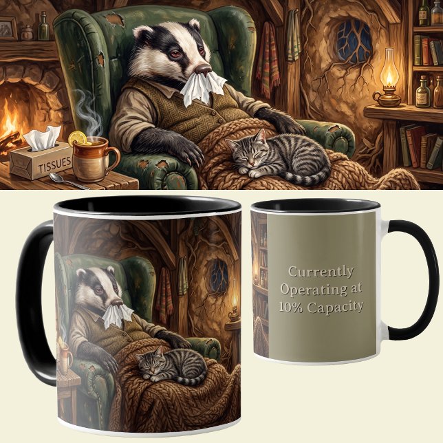 Rolig sjukdomsdag för grävling Vintersömn Humor Åt Mugg (Get well soon mug. Poorly Badger feeling under the weather with lap cat gift for sick days)