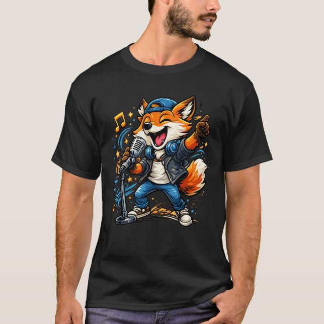 Rolig Sjungande Räv Tecknad Musikdesign T Shirt (Framsida)