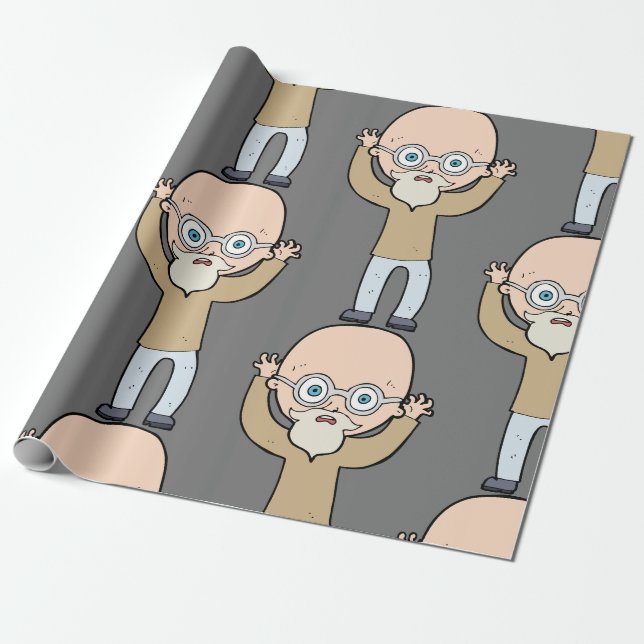 Rolig skallig udda gammal man med skägg presentpapper (Utrullad)