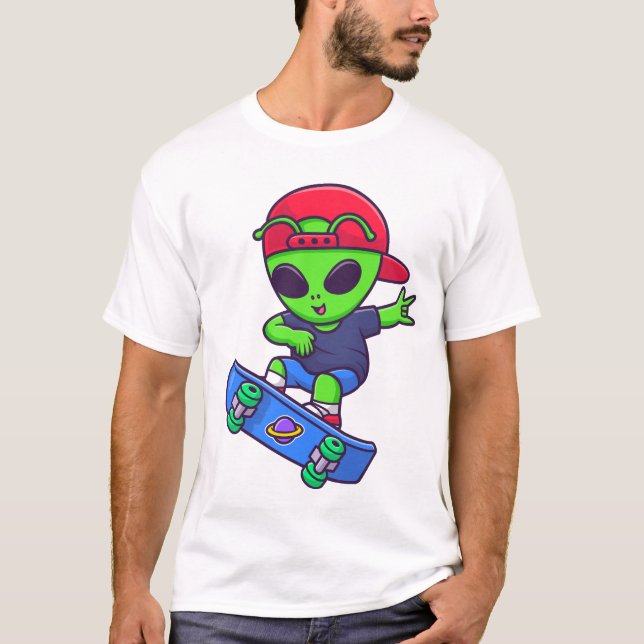 Rolig Skateboard-älskande Utomjording Streetwear D T Shirt (Framsida)