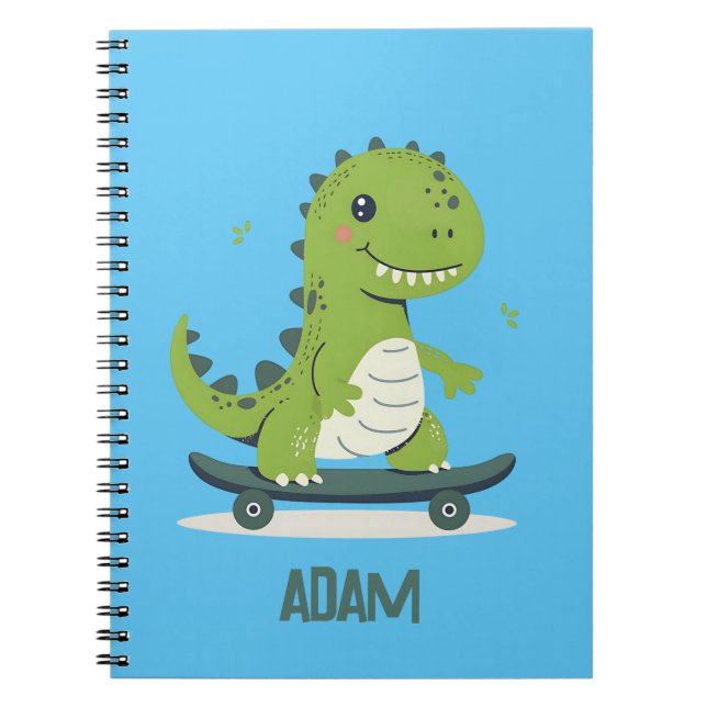 Rolig skateboardåkande dinosaurie med barnens namn anteckningsbok (Framsidan)