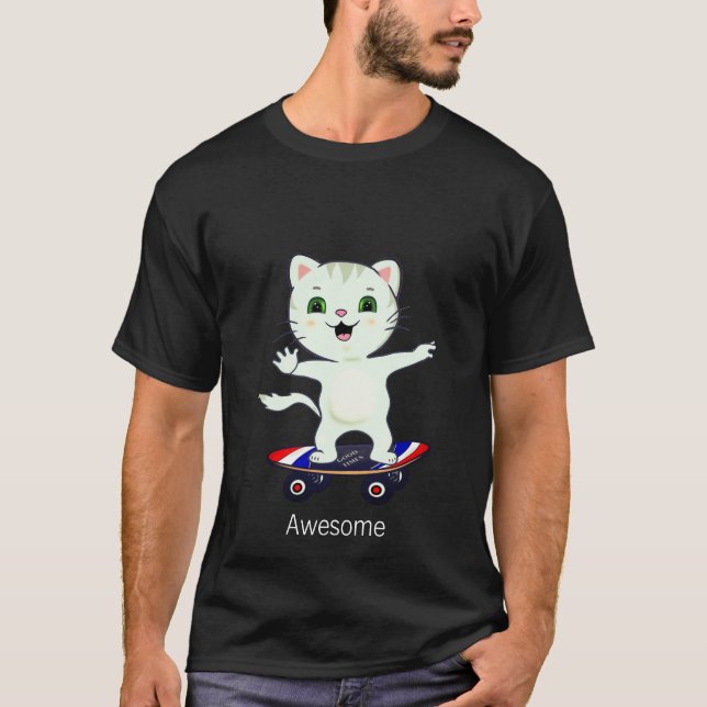 Rolig skater randig katt t-shirt (Framsida)