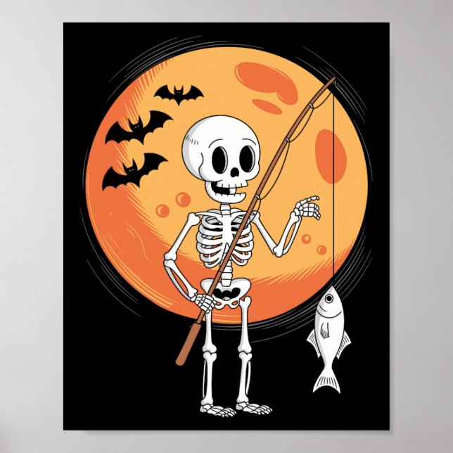 Rolig skelett fiskentusiaster måne spöklik Hallowe Poster (Framsidan)