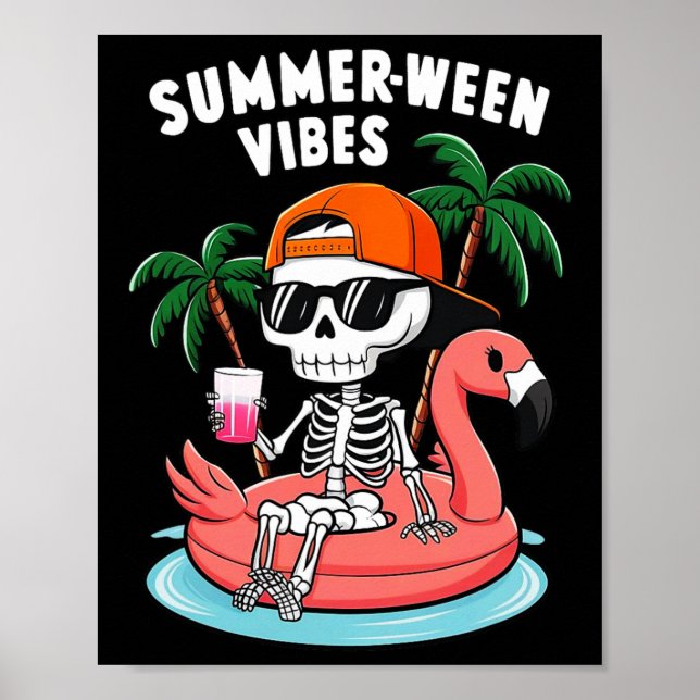 Rolig Skelett Flamingo Summerween Vibe Halloween Poster (Framsidan)