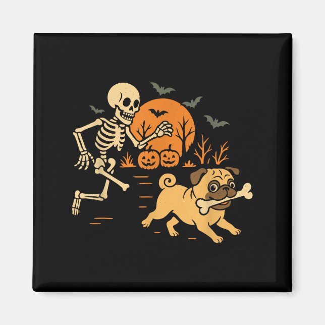 Rolig Skelett Jagar Mops Halloween Kostym Hund Magnet (Framsidan)