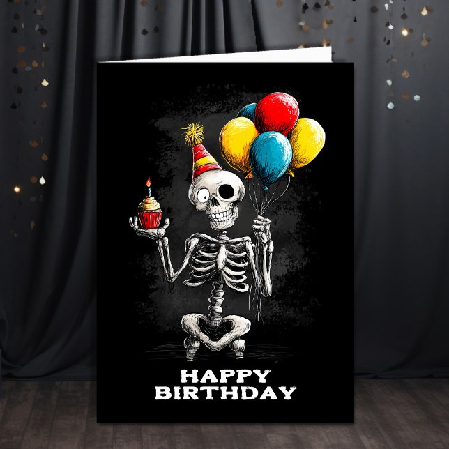 Rolig skelett med ballonger födelsedag kort (Skapare uppladdad)
