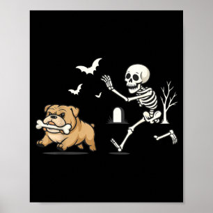 Rolig skelett som jagar fransk bulldog Halloween Poster