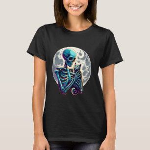 Rolig skelett som leker med en söt katt skalle hal t shirt