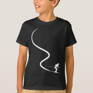 Rolig skidåkare siluett pudersnö spår berg t shirt