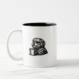 Rolig skiss av lurvig hund som dricker kaffe i två Två-Tonad mugg