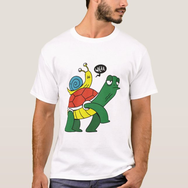 Rolig Sköldpadda Ridande Sniggel Tecknad T-Shirt (Framsida)