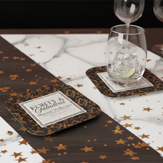 Rolig Sköldpaddsskal Födelsedag Fyrtio och Fantast Underlägg Papper Kvadrat (This Fun Tortoise Shell Birthday Forty and Fabulous birthday coasters are fun for all!)