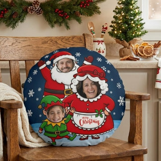Rolig skräddarsydd ansikts Santa Mrs Claus Tomte j Rund Kudde