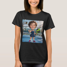 Rolig skräddarsydd svart karikatyr Padel-spelare T Shirt