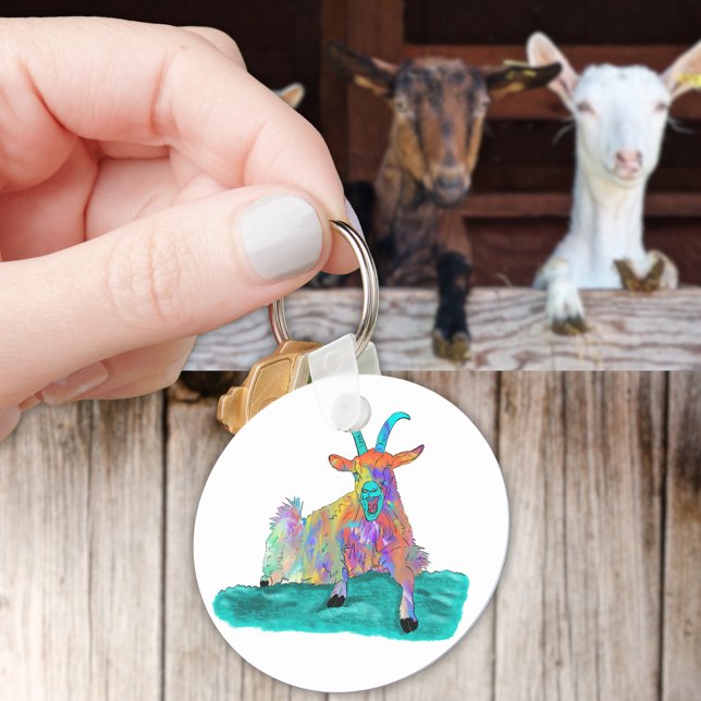 Rolig Skrikande Get Djur Konst Målningsdesign Nyckelring (Funny screaming goat colorful farm animal art keyring )
