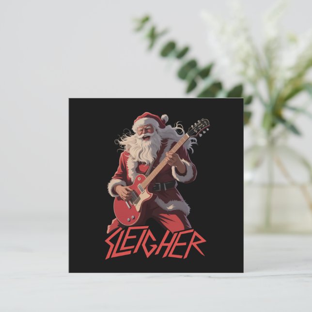 Rolig Släd Metallband Rock Santa Jul Julkort (Stående Fram)
