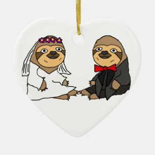 Rolig Slothbrud och brudgumbröllop Julgransprydnad Keramik