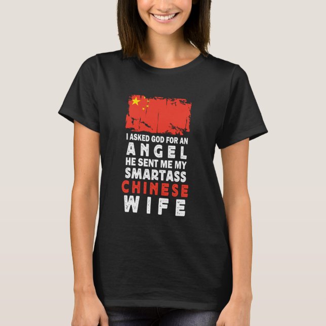 Rolig smartass kinesisk fru Kina Flagga makar T Shirt (Framsida)
