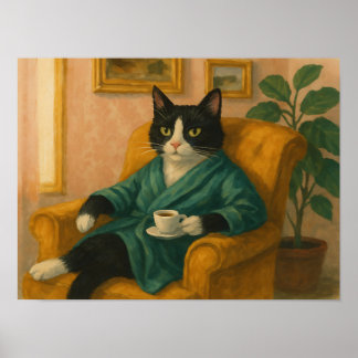 Rolig Smokingkatt i Baddräkt Dricker Kaffe Poster