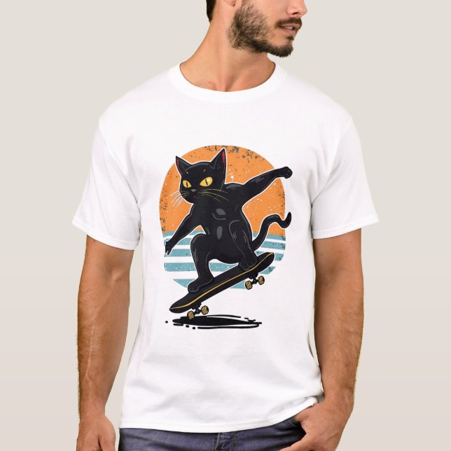 Rolig Smokingkatt Skateboardåkare i Träningskläder T Shirt (Framsida)