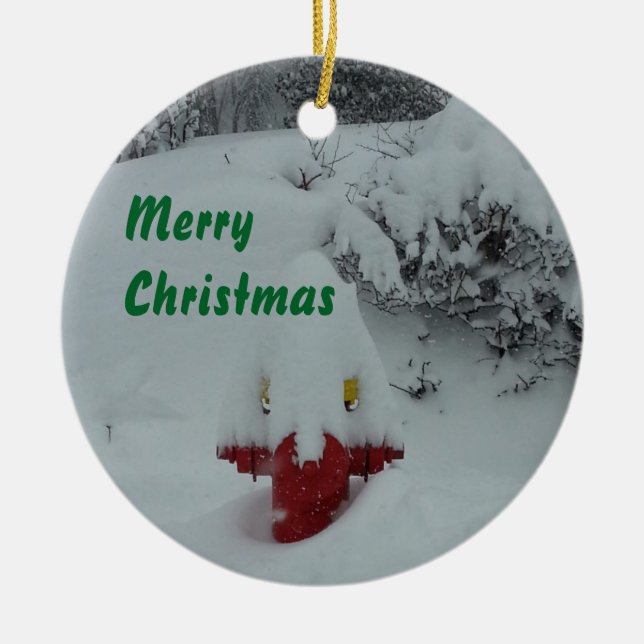 Rolig Snö-täckt brandpost Julgransprydnad Keramik (Framsidan)