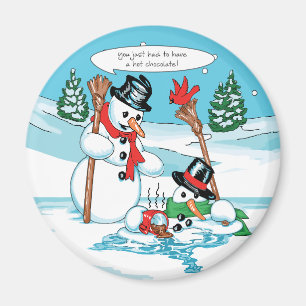 Rolig snögubbe med den varma chokladtecknaden magnet