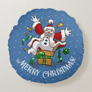 Rolig Snöman God Jul Överraskning Tecknad Film Rund Kudde