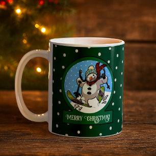 Rolig Snöman God Jul! Skidåkning Tecknad Film Kaffemugg