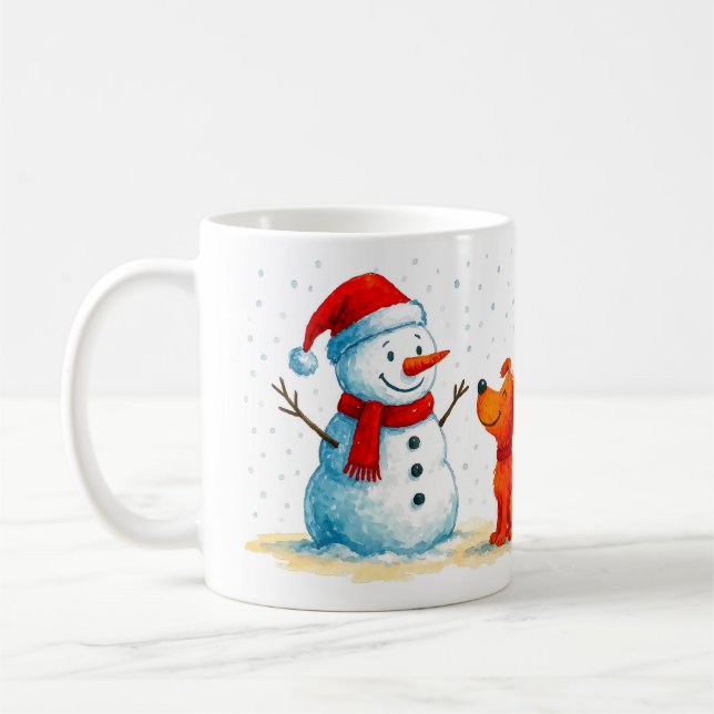 Rolig Snöman och Hund Vinter Kaffemugg (Vänster)