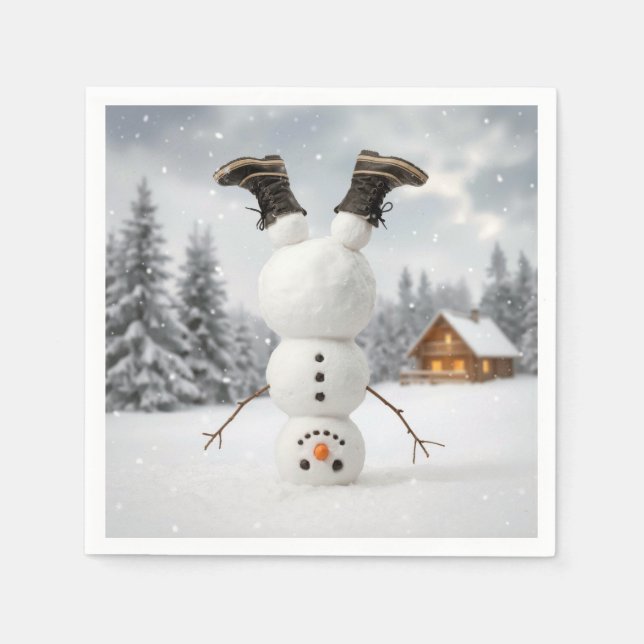 Rolig snöman som gör en huvudstående  pappersservett (Framsidan)